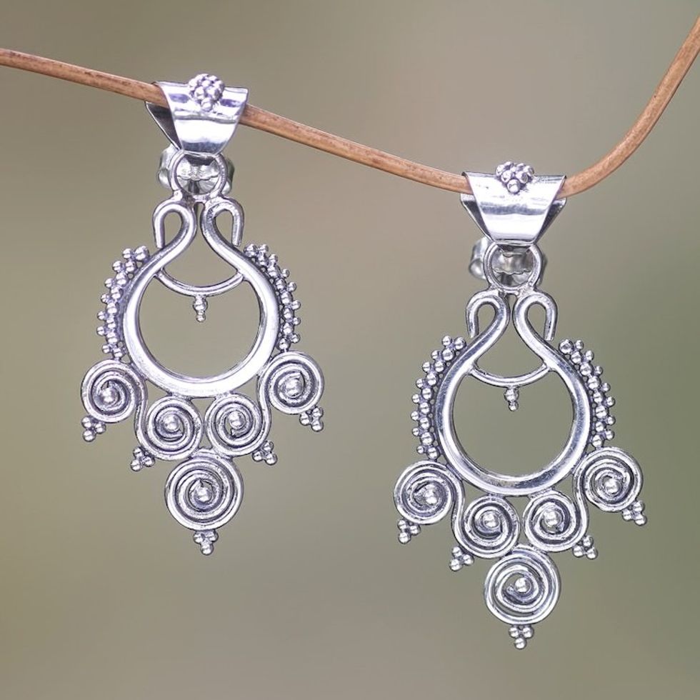 Indonesian Sterling Silver Dangle Earrings 'Goddess Coils'