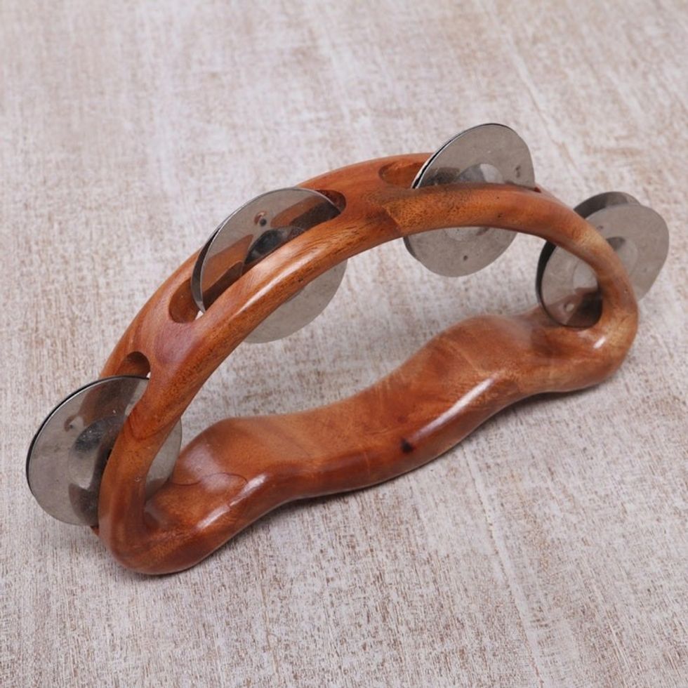 Artisan Handcrafted Teak Wood Tambourine from Bali 'Rhythmic Vibes'
