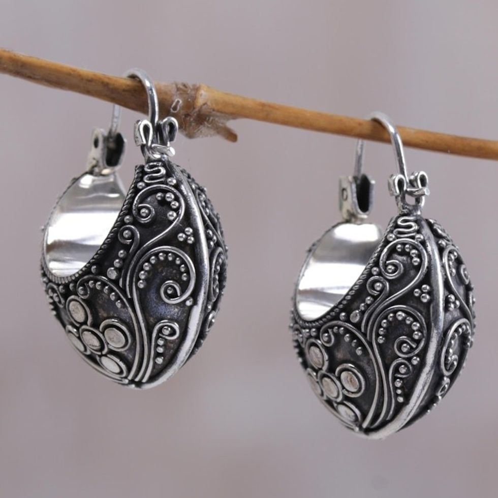 Floral Sterling Silver Hoop Earrings 'Bali Paradise'