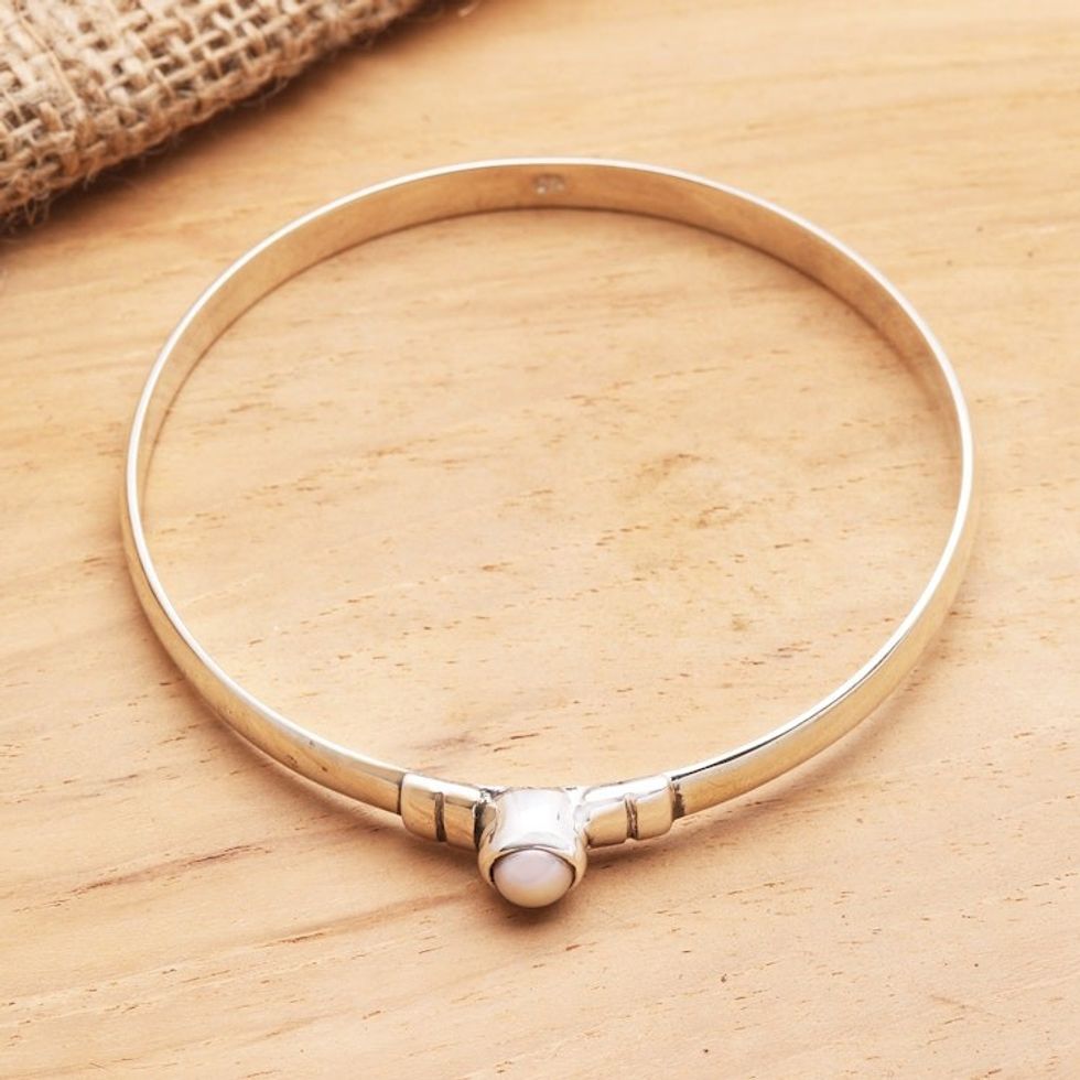 Cultured Pearl and Sterling Silver Bangle Bracelet 'On Point'
