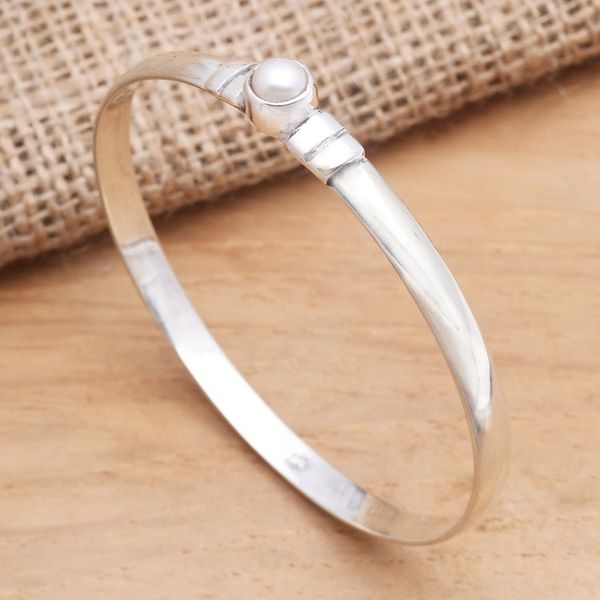 Alternate image for Cultured Pearl and Sterling Silver Bangle Bracelet On Point