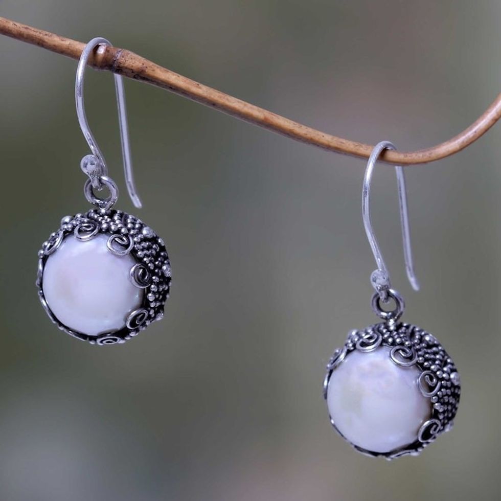 Bali Artisan Crafted White Pearl Earrings 'Sanur Moon'