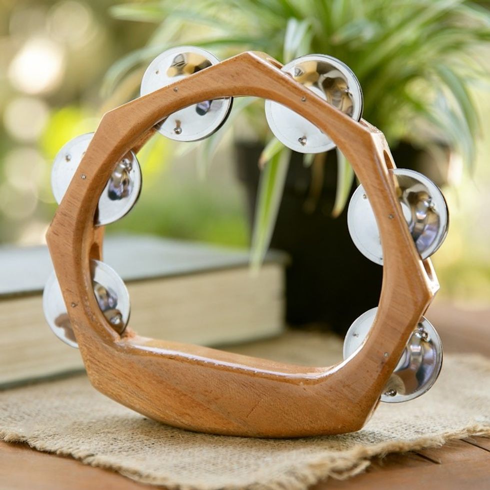 Teak Wood and Stainless Steel Tambourine from Bali 'Funky Tune'