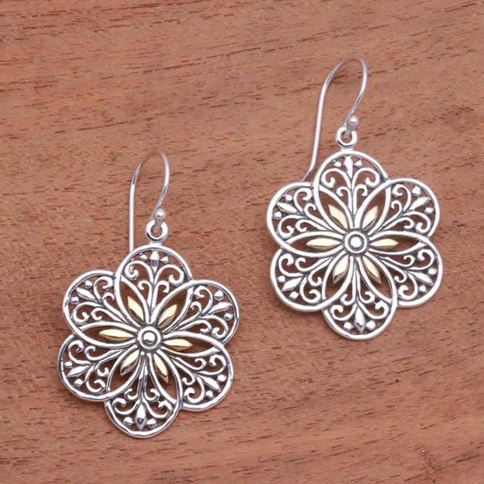 Loop Pattern Gold Accented Sterling Silver Dangle Earrings 'Six Petals'