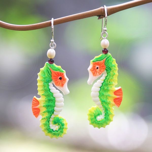 Alternate image for Bone Seahorse Dangle Earrings with Pearl and Amethyst Happy Seahorses