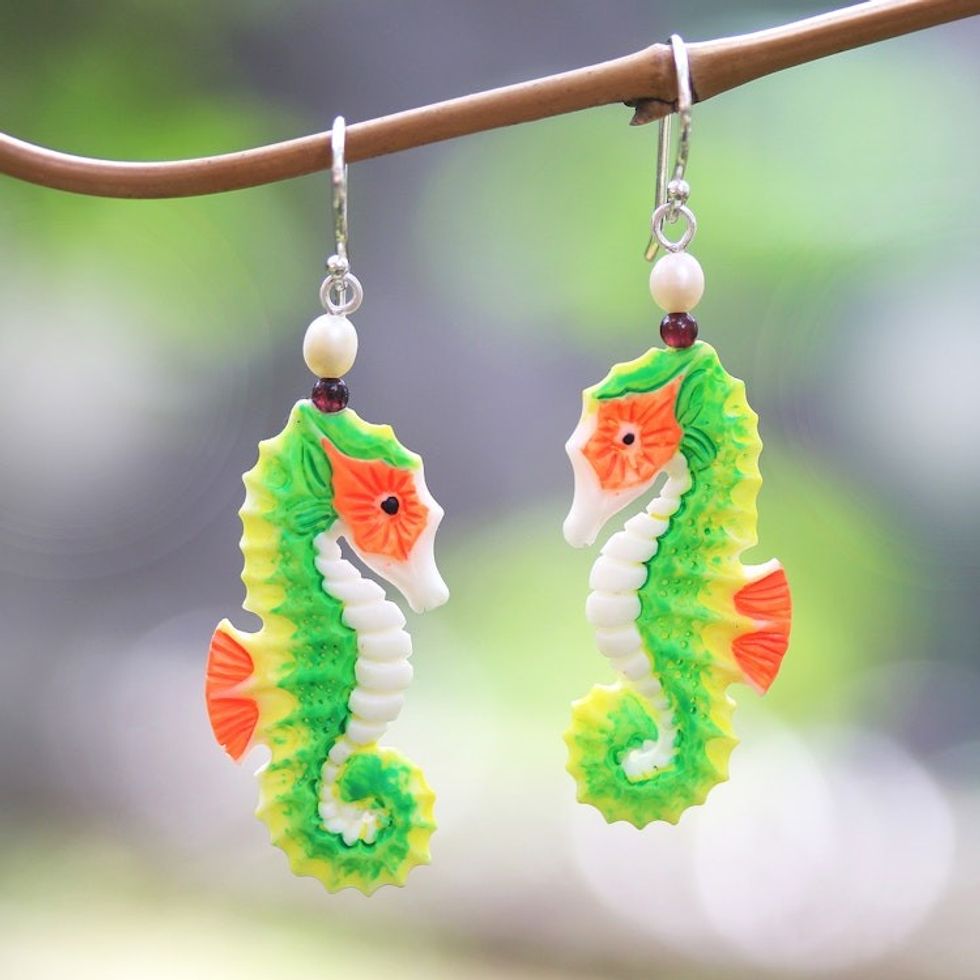 Bone Seahorse Dangle Earrings with Pearl and Amethyst 'Happy Seahorses'