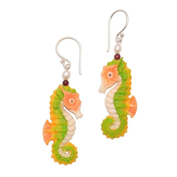 Alternate image for Bone Seahorse Dangle Earrings with Pearl and Amethyst Happy Seahorses