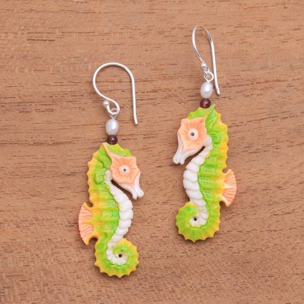 Alternate image for Bone Seahorse Dangle Earrings with Pearl and Amethyst Happy Seahorses