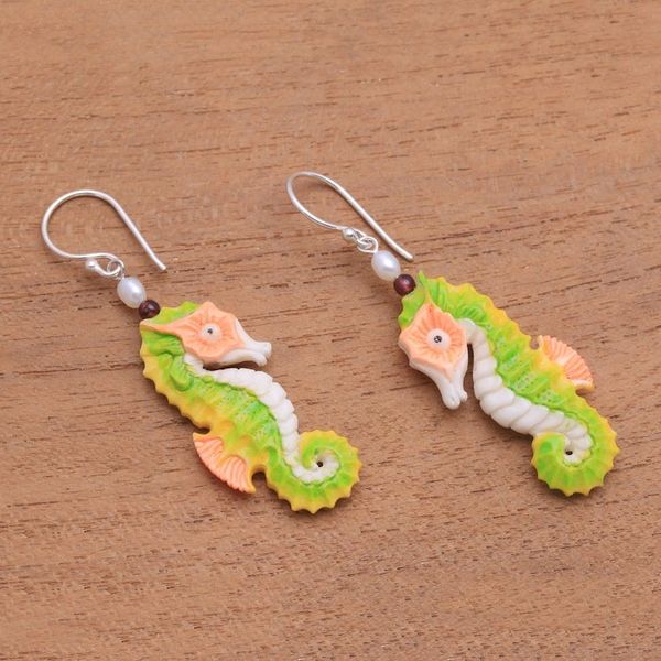 Alternate image for Bone Seahorse Dangle Earrings with Pearl and Amethyst Happy Seahorses