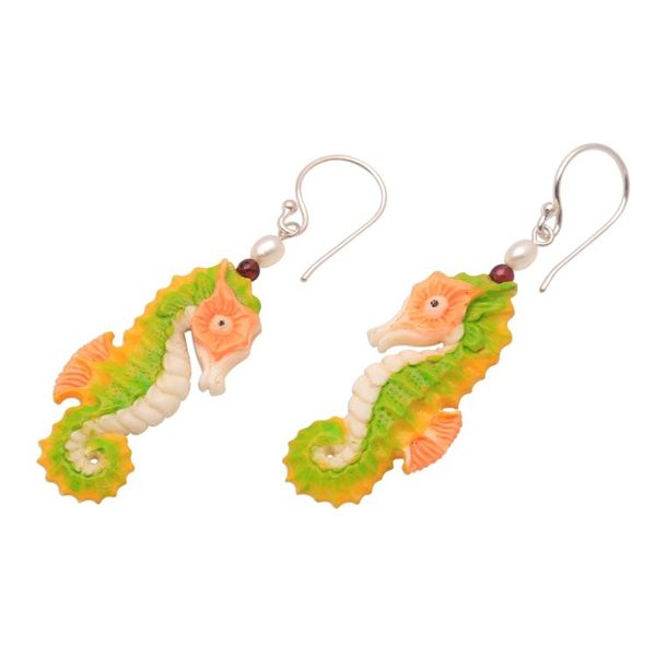 Alternate image for Bone Seahorse Dangle Earrings with Pearl and Amethyst Happy Seahorses