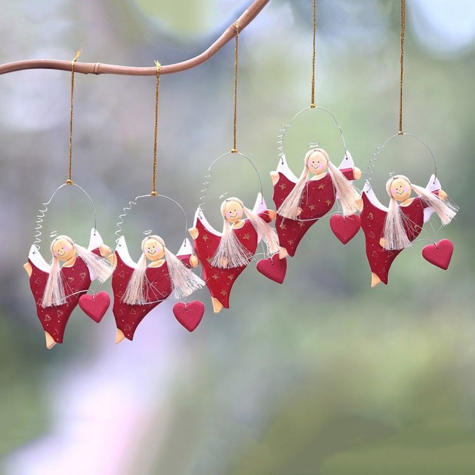Heart-Themed Wood Angel Ornaments in Red Set of 5 'Angels Giving Love'