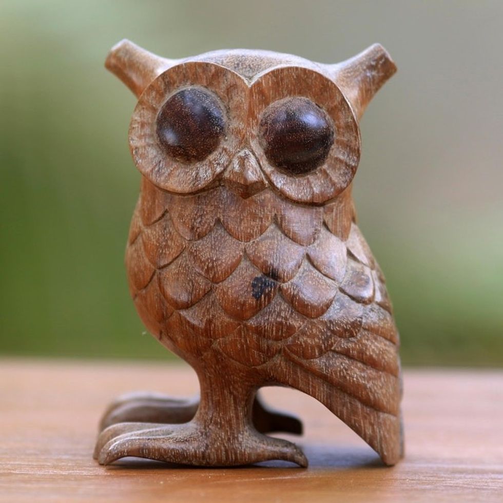 Artisan Crafted Wood Statuette of Wide Eyed Owl from Bali 'Owl Wisdom'