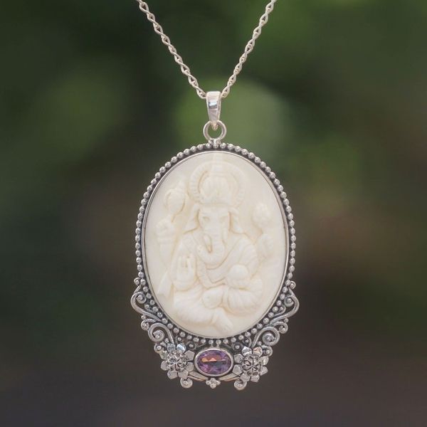 Alternate image for Amethyst and Bone Ganesha Necklace from Bali Ganesha Blessing