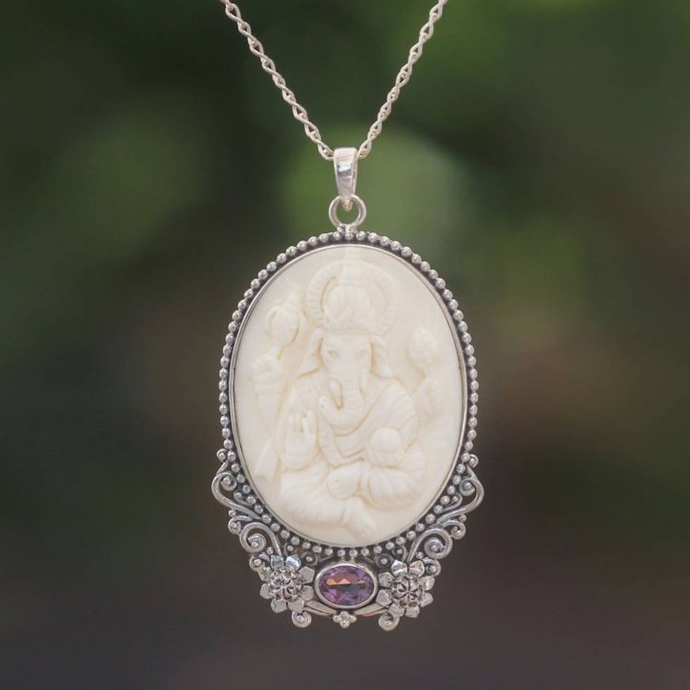 Amethyst and Bone Ganesha Necklace from Bali 'Ganesha Blessing'