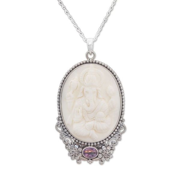 Alternate image for Amethyst and Bone Ganesha Necklace from Bali Ganesha Blessing