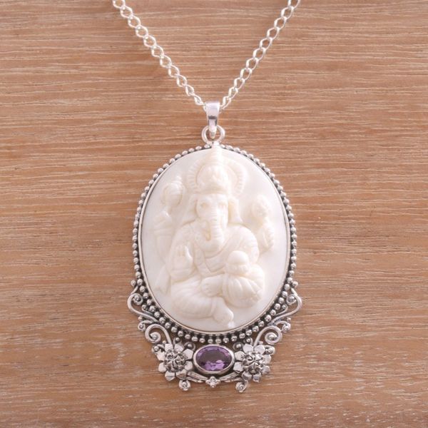 Alternate image for Amethyst and Bone Ganesha Necklace from Bali Ganesha Blessing