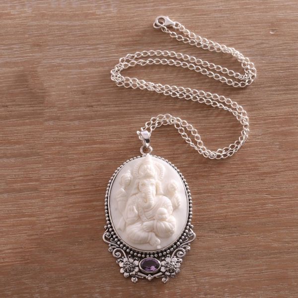 Alternate image for Amethyst and Bone Ganesha Necklace from Bali Ganesha Blessing