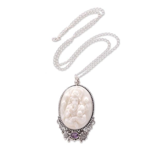 Alternate image for Amethyst and Bone Ganesha Necklace from Bali Ganesha Blessing