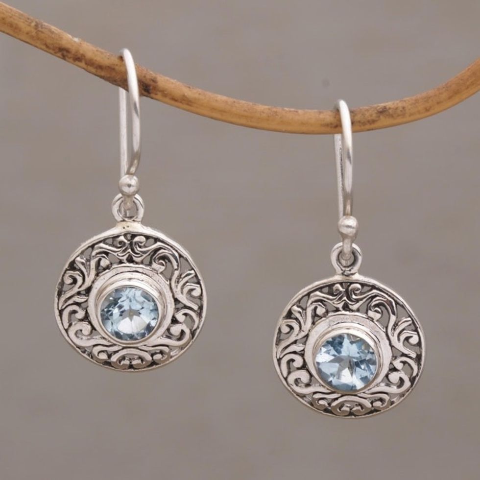Round Sterling Silver Earrings with Blue Topaz Gems 'Dainty Shields'