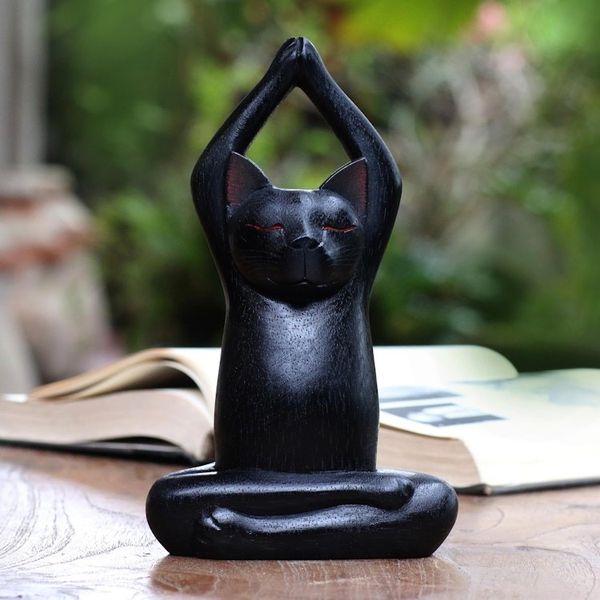Alternate image for Black Suar Wood Asana Pose Yoga Cat Sculpture from Bali Toward the Sky Black Yoga Cat