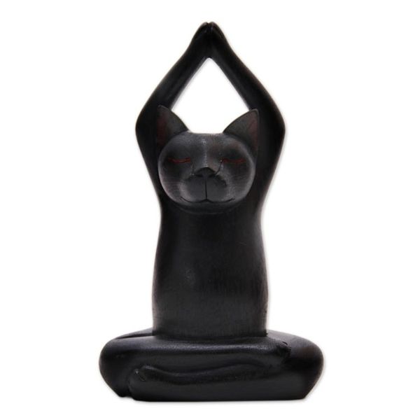 Alternate image for Black Suar Wood Asana Pose Yoga Cat Sculpture from Bali Toward the Sky Black Yoga Cat
