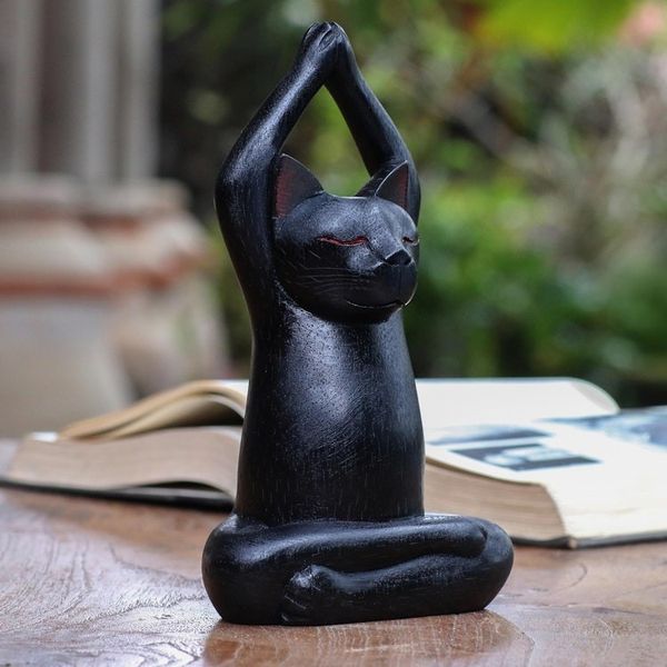 Alternate image for Black Suar Wood Asana Pose Yoga Cat Sculpture from Bali Toward the Sky Black Yoga Cat