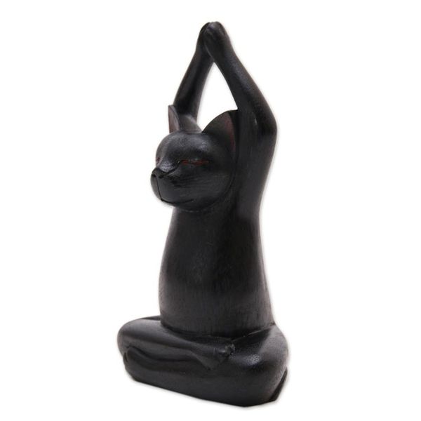 Alternate image for Black Suar Wood Asana Pose Yoga Cat Sculpture from Bali Toward the Sky Black Yoga Cat