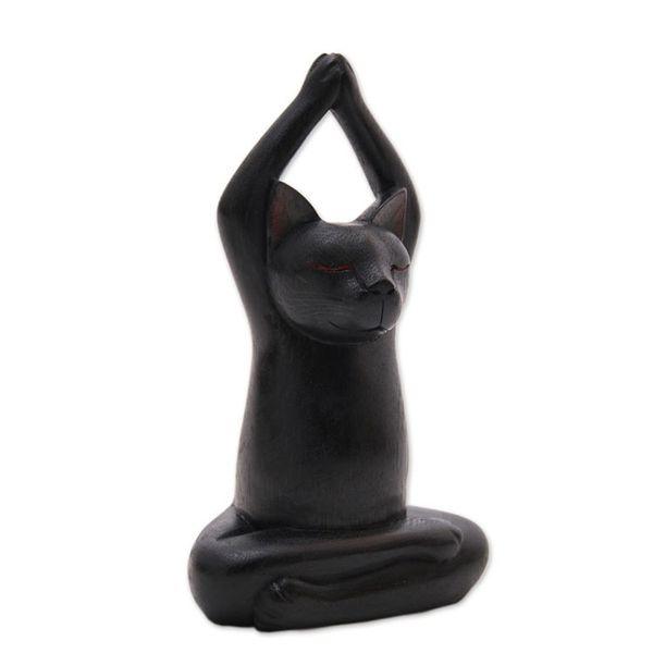 Alternate image for Black Suar Wood Asana Pose Yoga Cat Sculpture from Bali Toward the Sky Black Yoga Cat