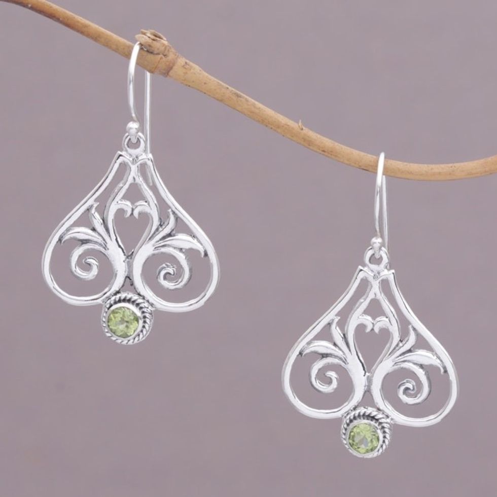 Peridot and Sterling Silver Heart Shaped Dangle Earrings 'Heart of Bali'