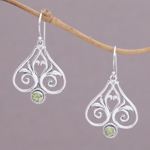 Alternate image for Peridot and Sterling Silver Heart Shaped Dangle Earrings Heart of Bali