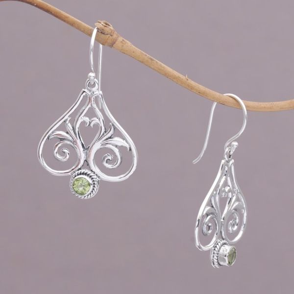 Alternate image for Peridot and Sterling Silver Heart Shaped Dangle Earrings Heart of Bali