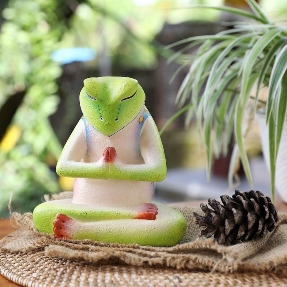 Handcrafted Wood Sculpture 'Froggie Prayer'
