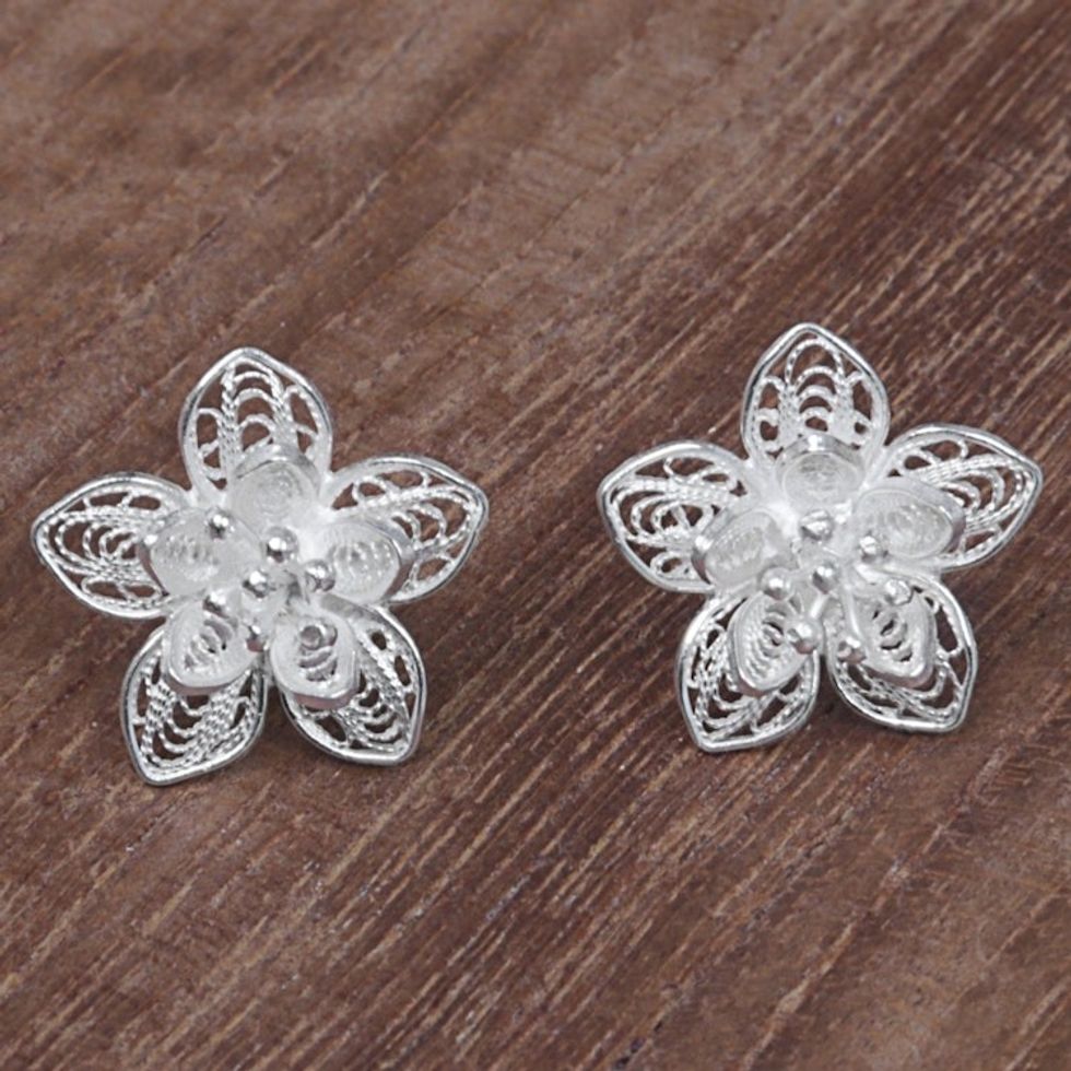 Sterling Silver Floral Filigree Button Earrings Indonesia 'Enticing Blossoms'