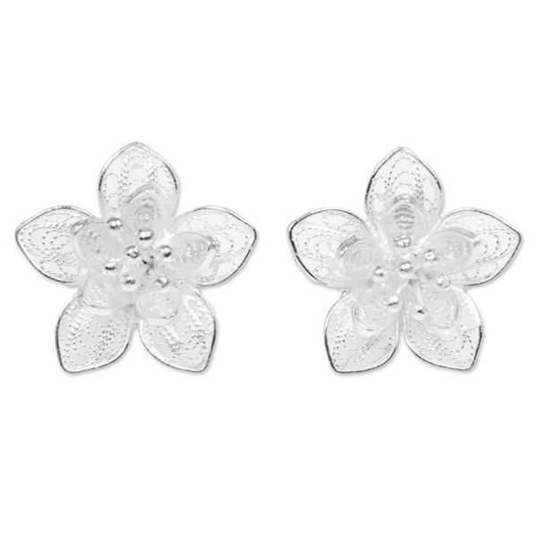 Alternate image for Sterling Silver Floral Filigree Button Earrings Indonesia Enticing Blossoms