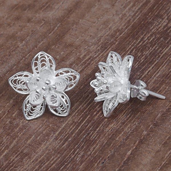 Alternate image for Sterling Silver Floral Filigree Button Earrings Indonesia Enticing Blossoms
