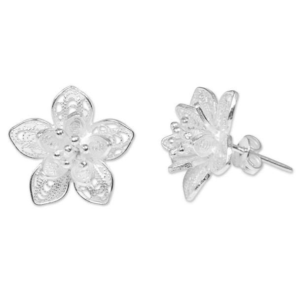 Alternate image for Sterling Silver Floral Filigree Button Earrings Indonesia Enticing Blossoms