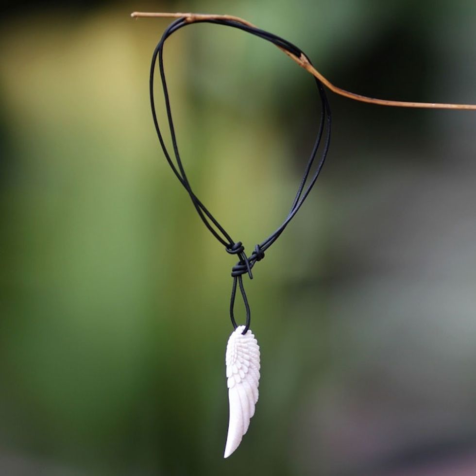 Hand Carved Angel Wing Men's Necklace on Black Leather 'Angel Wing'