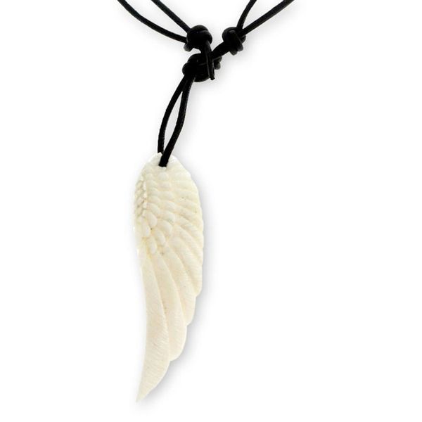 Alternate image for Hand Carved Angel Wing Mens Necklace on Black Leather Angel Wing