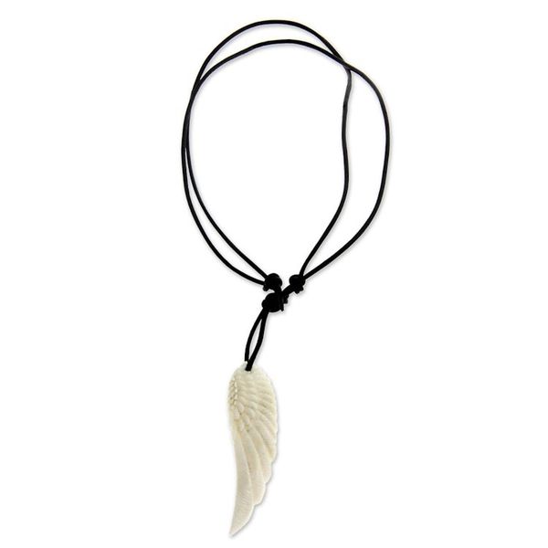 Alternate image for Hand Carved Angel Wing Mens Necklace on Black Leather Angel Wing