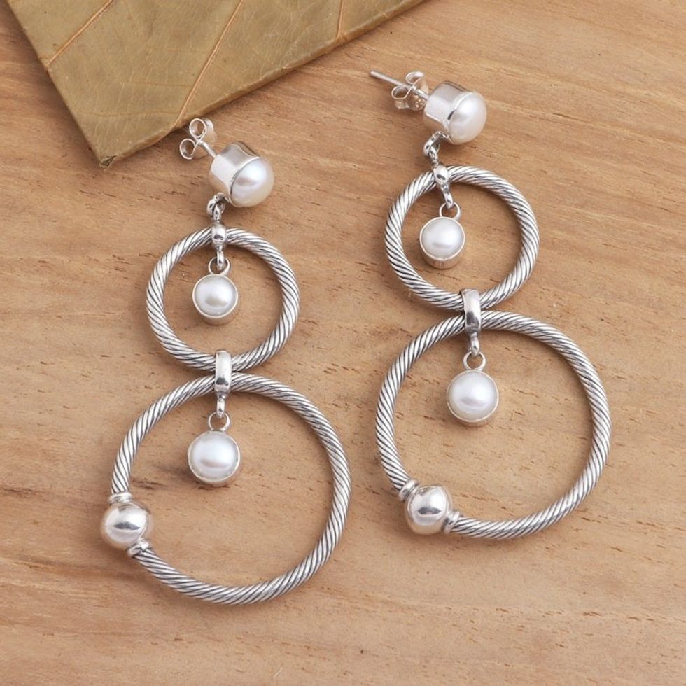 Double Circle Dangle Earrings with Cultured Pearls 'What Goes Around'