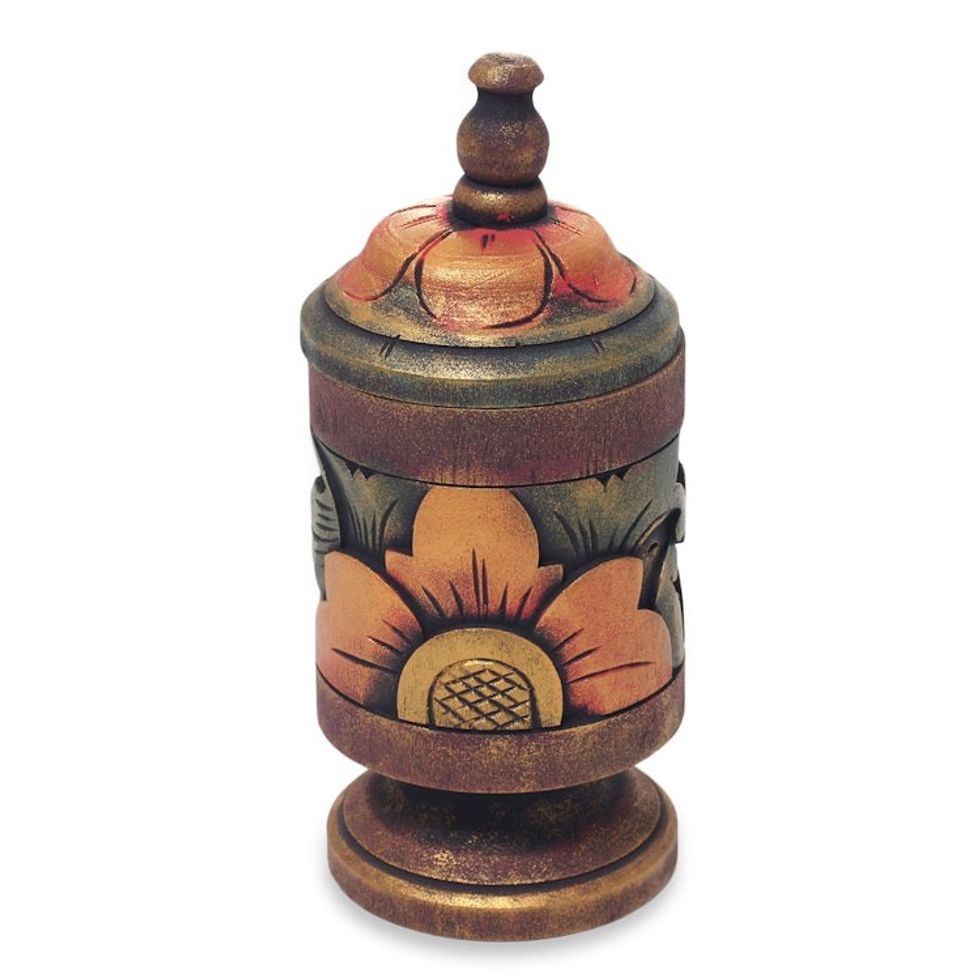 Unique Hand Carved Balinese Floral Wooden Box and Lid 'Cupu Majapahit'