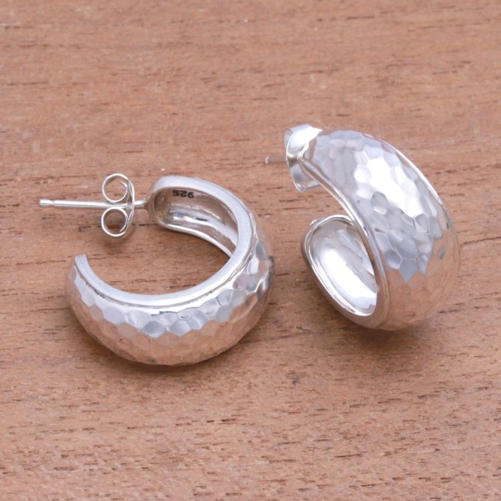 Balinese Sterling Silver Half-Hoop Earrings 'Radiant Shine'