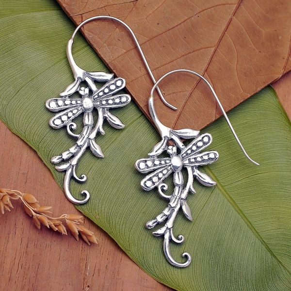 Alternate image for Indonesian Handmade Sterling Silver Dragonfly Drop Earrings Dragonfly Allure
