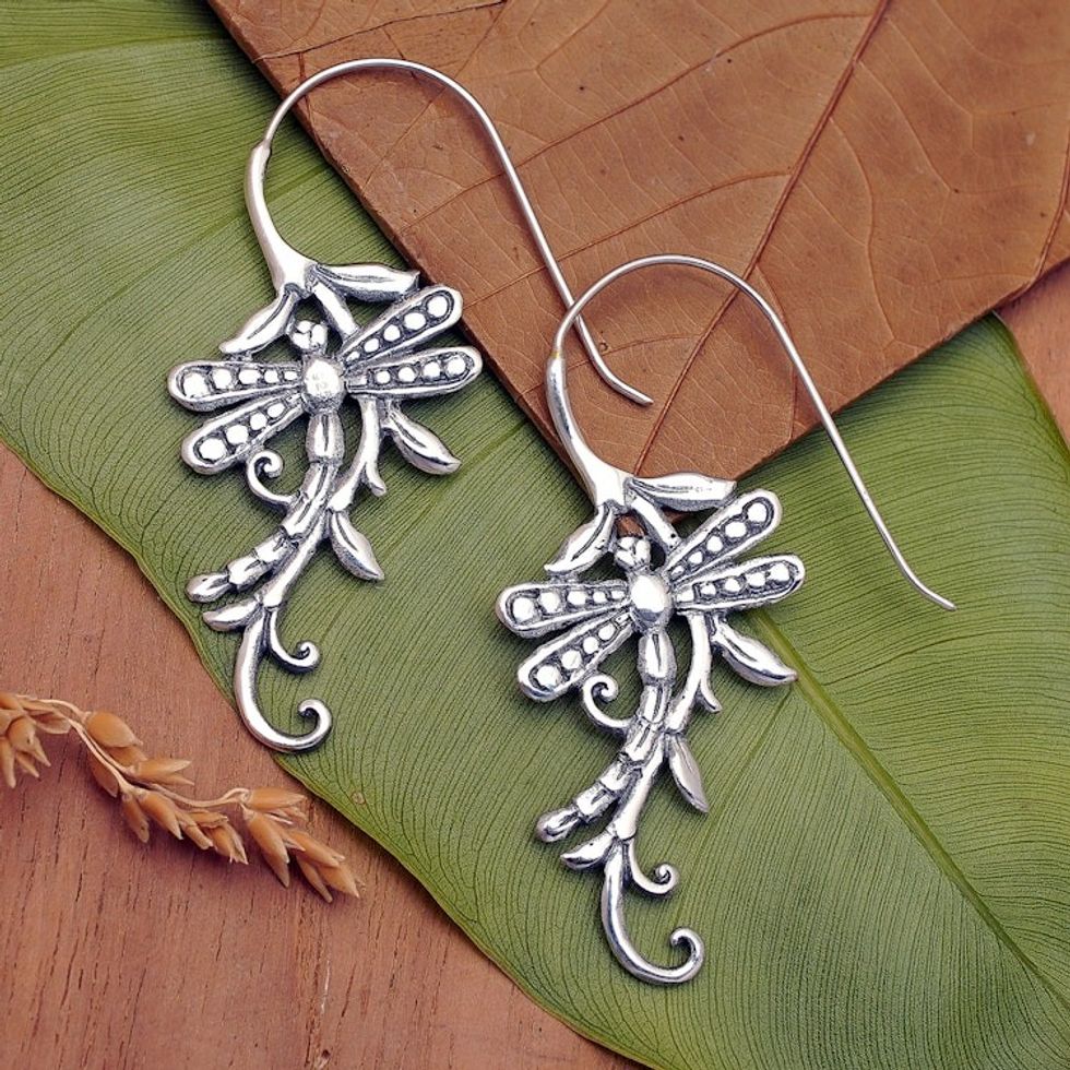 Indonesian Handmade Sterling Silver Dragonfly Drop Earrings 'Dragonfly Allure'