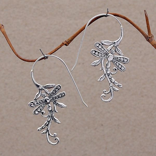 Alternate image for Indonesian Handmade Sterling Silver Dragonfly Drop Earrings Dragonfly Allure