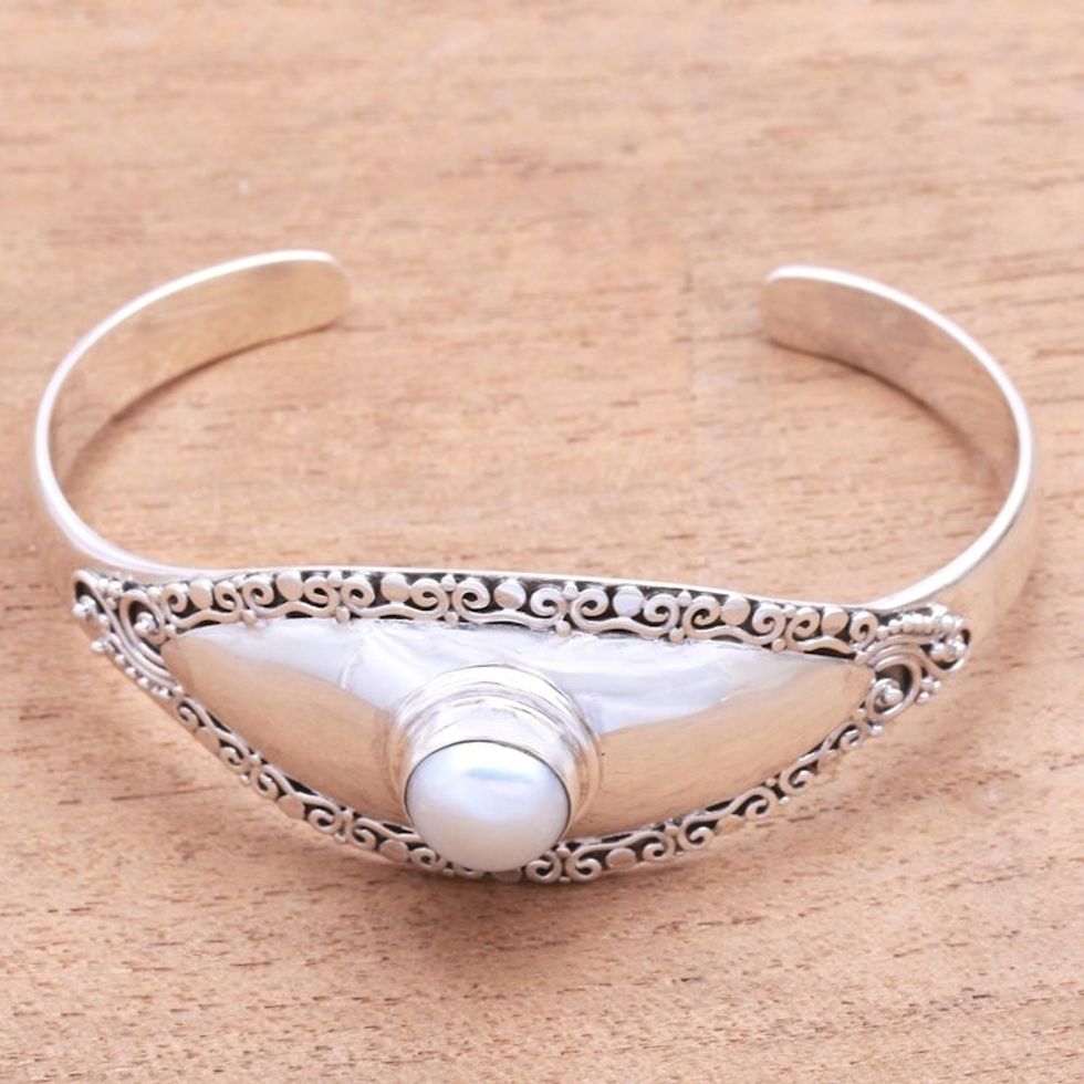 Cultured Pearl Cuff Bracelet Crafted in Bali 'Moonlight Shield'