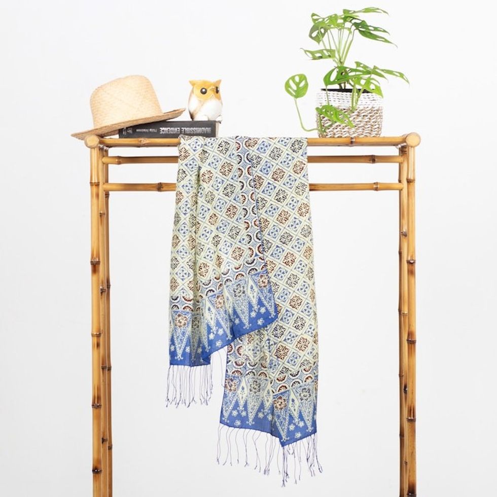 Batik Silk Shawl with Multicolored Floral Motifs from Bali 'Ceplok Petals in Indigo'