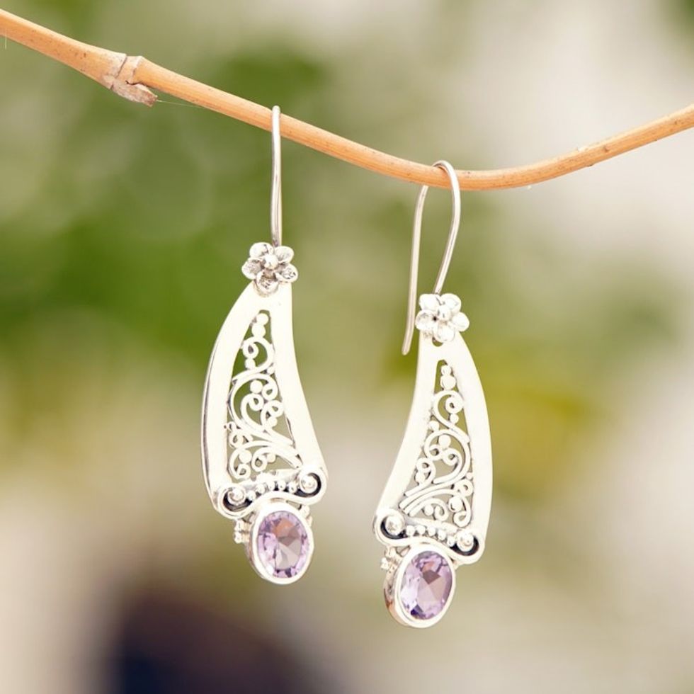 Amethyst and 925 Silver Vine Motif Dangle Earrings from Bali 'Beautiful Vines'