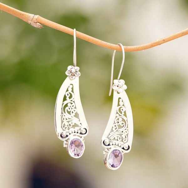 Alternate image for Amethyst and 925 Silver Vine Motif Dangle Earrings from Bali Beautiful Vines