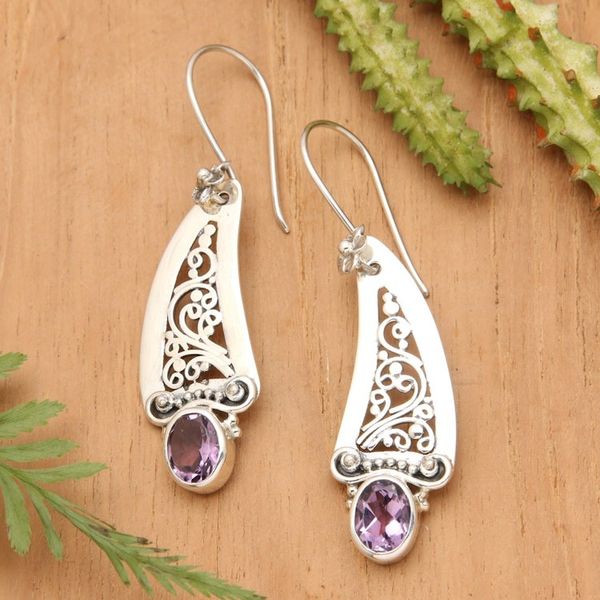 Alternate image for Amethyst and 925 Silver Vine Motif Dangle Earrings from Bali Beautiful Vines